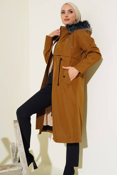 Dik Yakalı İçi Kürklü Mont Taba - Mont