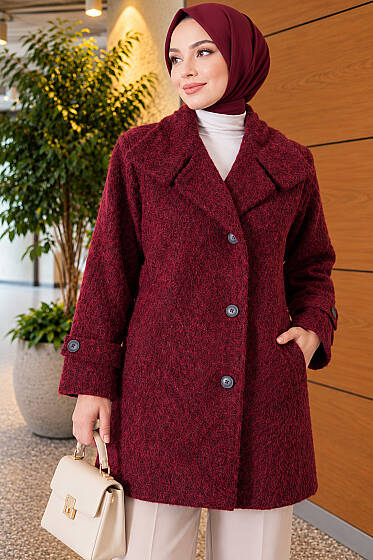 Dik Yakalı Keçe Kaban Bordo - Kaban
