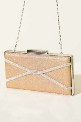 Dikdörtgen Çapraz Simli Abiye Çanta Bakır 