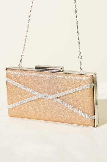 Dikdörtgen Çapraz Simli Abiye Çanta Bakır - Kol Çantası