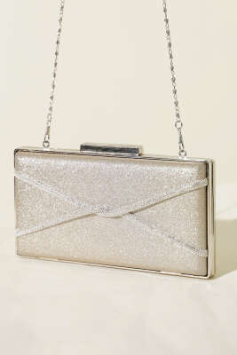 Dikdörtgen Çapraz Simli Abiye Çanta Bej 