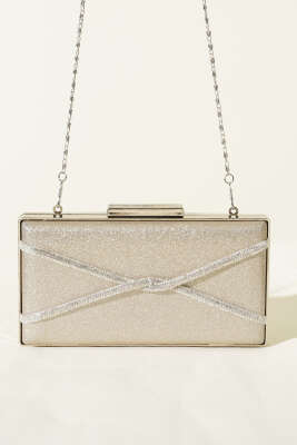 Dikdörtgen Çapraz Simli Abiye Çanta Bej - Kol Çantası