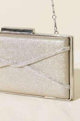 Dikdörtgen Çapraz Simli Abiye Çanta Bej - Kol Çantası