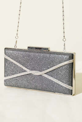 Dikdörtgen Çapraz Simli Abiye Çanta Füme - Kol Çantası