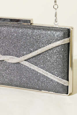 Dikdörtgen Çapraz Simli Abiye Çanta Füme - Kol Çantası