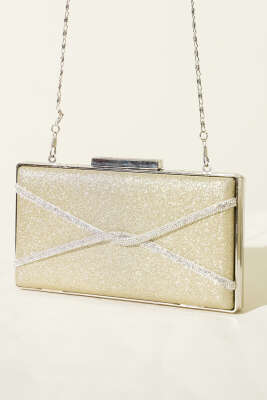 Dikdörtgen Çapraz Simli Abiye Çanta Gold 