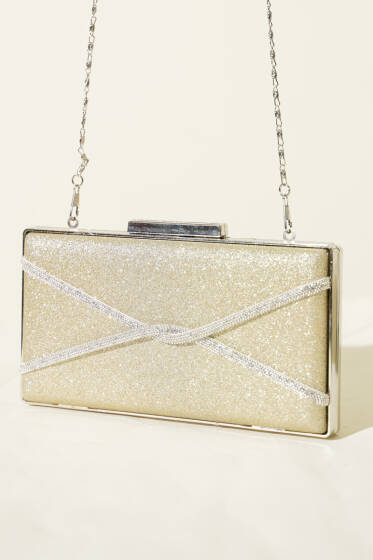 Dikdörtgen Çapraz Simli Abiye Çanta Gold - Kol Çantası