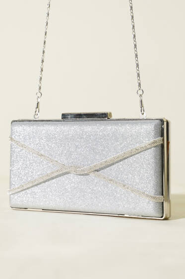 Dikdörtgen Çapraz Simli Abiye Çanta Gümüş - Kol Çantası