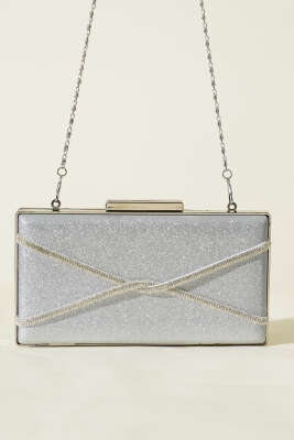 Dikdörtgen Çapraz Simli Abiye Çanta Gümüş - Kol Çantası