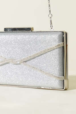 Dikdörtgen Çapraz Simli Abiye Çanta Gümüş - Kol Çantası