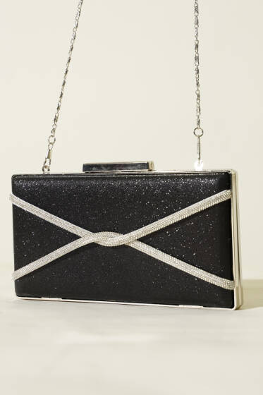 Dikdörtgen Çapraz Simli Abiye Çanta Siyah - Kol Çantası