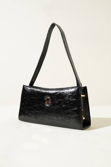 Dikdörtgen Fermuarlı Parlak Çanta Siyah - Kol Çantası