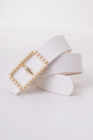 Dikdörtgen İnci Tokalı Beyaz Kemer - Deri Kemer