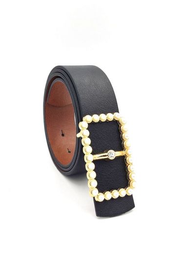 Dikdörtgen İnci Tokalı Siyah Kemer - Deri Kemer