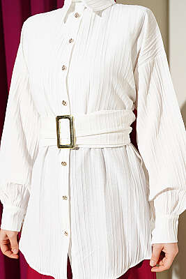 Dikdörtgen Kemer Tokalı Çizgili Gömlek Ekru - Gömlek