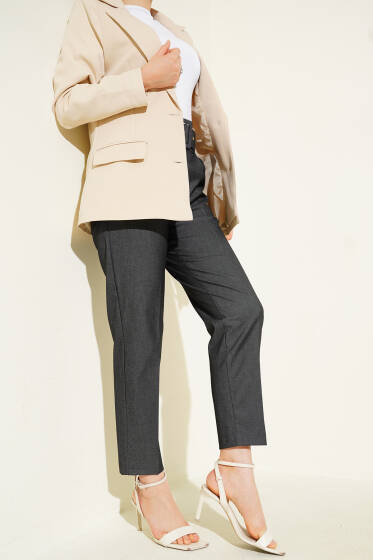 Dikdörtgen Kemerli Kumaş Pantolon Füme - Pantolon