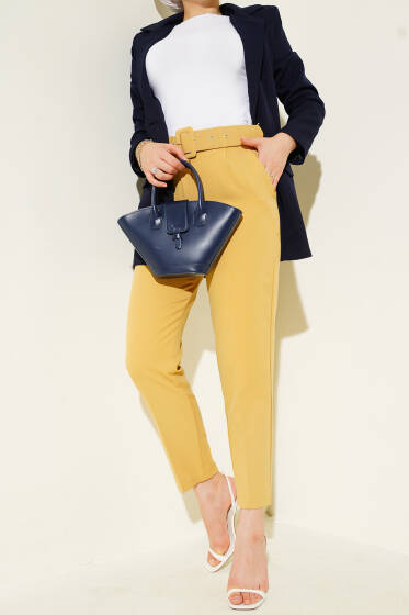 Dikdörtgen Kemerli Kumaş Pantolon Hardal - Pantolon