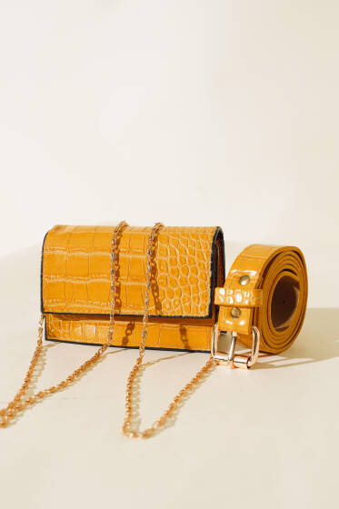 Dikdörtgen Kroko Mini Bel Çantası Hardal - Bel Çantası
