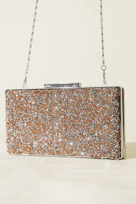 Dikdörtgen Taşlı Abiye Çanta Bakır Silver 