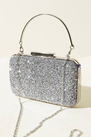 Dikdörtgen Taşlı Kulplu Abiye Çanta Gümüş - Kol Çantası