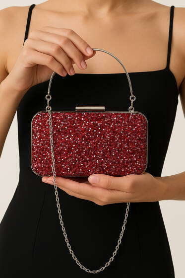 Dikdörtgen Taşlı Kulplu Abiye Çanta Kırmızı - Kol Çantası