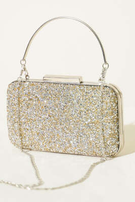 Dikdörtgen Taşlı Kulplu Abiye Çanta Sarı Beyaz 