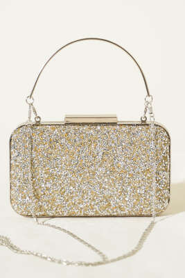 Dikdörtgen Taşlı Kulplu Abiye Çanta Sarı Beyaz - Kol Çantası