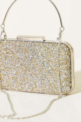 Dikdörtgen Taşlı Kulplu Abiye Çanta Sarı Beyaz - Kol Çantası