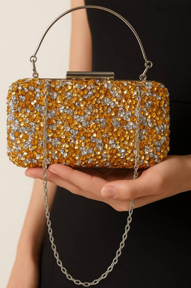 Dikdörtgen Taşlı Kulplu Abiye Çanta Sarı - Kol Çantası