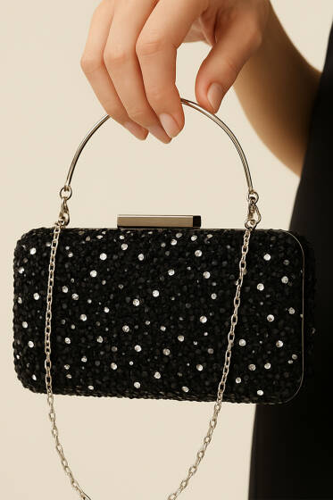 Dikdörtgen Taşlı Kulplu Abiye Çanta Siyah Beyaz - Kol Çantası