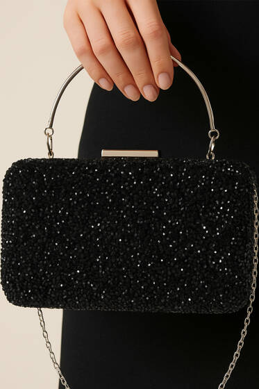 Dikdörtgen Taşlı Kulplu Abiye Çanta Siyah - Kol Çantası