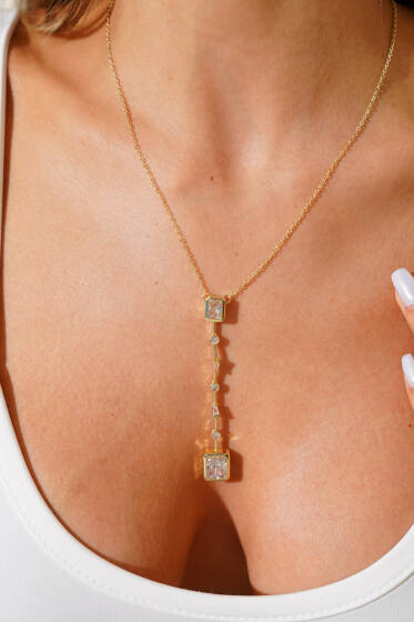 Dikdörtgen Taşlı Y Kolye Ekru - Kolye