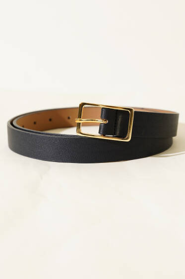 Dikdörtgen Tokalı Kemer Siyah Gold - Deri Kemer