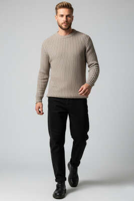 Dikey Çizgi Fitilli Erkek Triko Kazak Bronz - Erkek Kazak