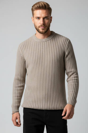 Dikey Çizgi Fitilli Erkek Triko Kazak Bronz - Yeni Erkek Giyim