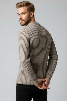 Dikey Çizgi Fitilli Erkek Triko Kazak Bronz - Yeni Erkek Giyim