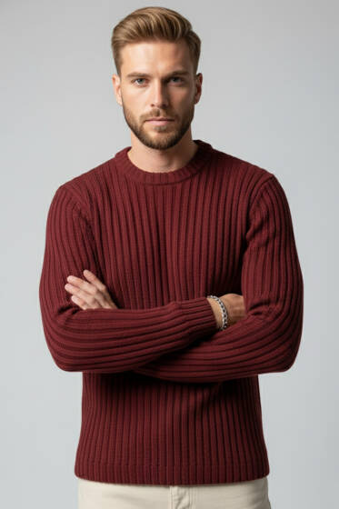 Dikey Çizgi Fitilli Erkek Triko Kazak Burgonya - Yeni Erkek Giyim