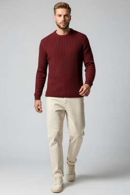 Dikey Çizgi Fitilli Erkek Triko Kazak Burgonya - Yeni Erkek Giyim