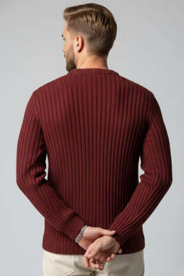 Dikey Çizgi Fitilli Erkek Triko Kazak Burgonya - Yeni Erkek Giyim