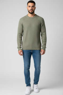 Dikey Çizgi Fitilli Erkek Triko Kazak Çağla Yeşili - Yeni Erkek Giyim