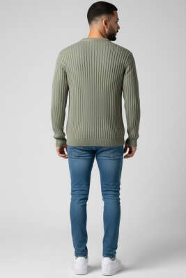 Dikey Çizgi Fitilli Erkek Triko Kazak Çağla Yeşili - Yeni Erkek Giyim