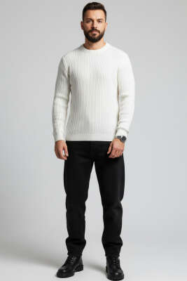 Dikey Çizgi Fitilli Erkek Triko Kazak Ekru - Yeni Erkek Giyim