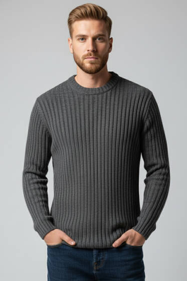 Dikey Çizgi Fitilli Erkek Triko Kazak Füme - Erkek Kazak