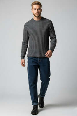 Dikey Çizgi Fitilli Erkek Triko Kazak Füme - Erkek Kazak