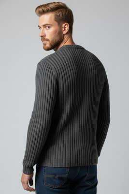 Dikey Çizgi Fitilli Erkek Triko Kazak Füme - Yeni Erkek Giyim