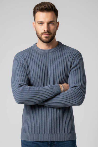 Dikey Çizgi Fitilli Erkek Triko Kazak İndigo - Erkek Kazak