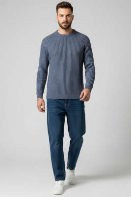 Dikey Çizgi Fitilli Erkek Triko Kazak İndigo - Yeni Erkek Giyim