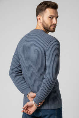 Dikey Çizgi Fitilli Erkek Triko Kazak İndigo - Yeni Erkek Giyim