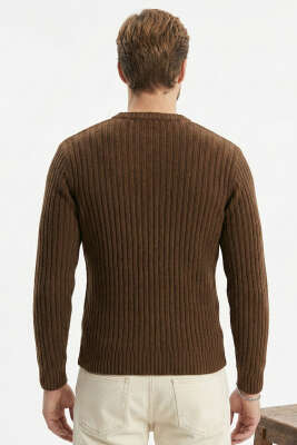 Dikey Çizgi Fitilli Erkek Triko Kazak Kahve - Erkek Kazak