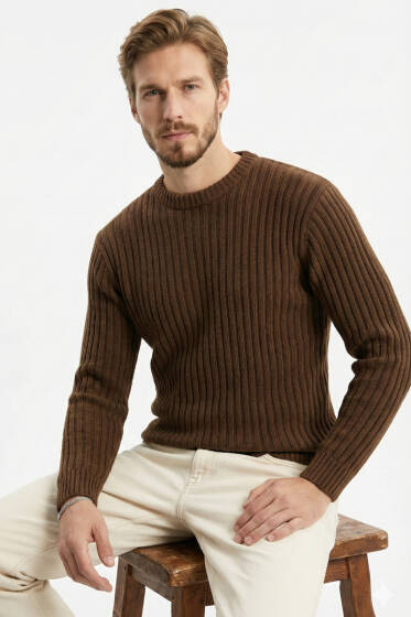 Dikey Çizgi Fitilli Erkek Triko Kazak Kahve - Erkek Kazak